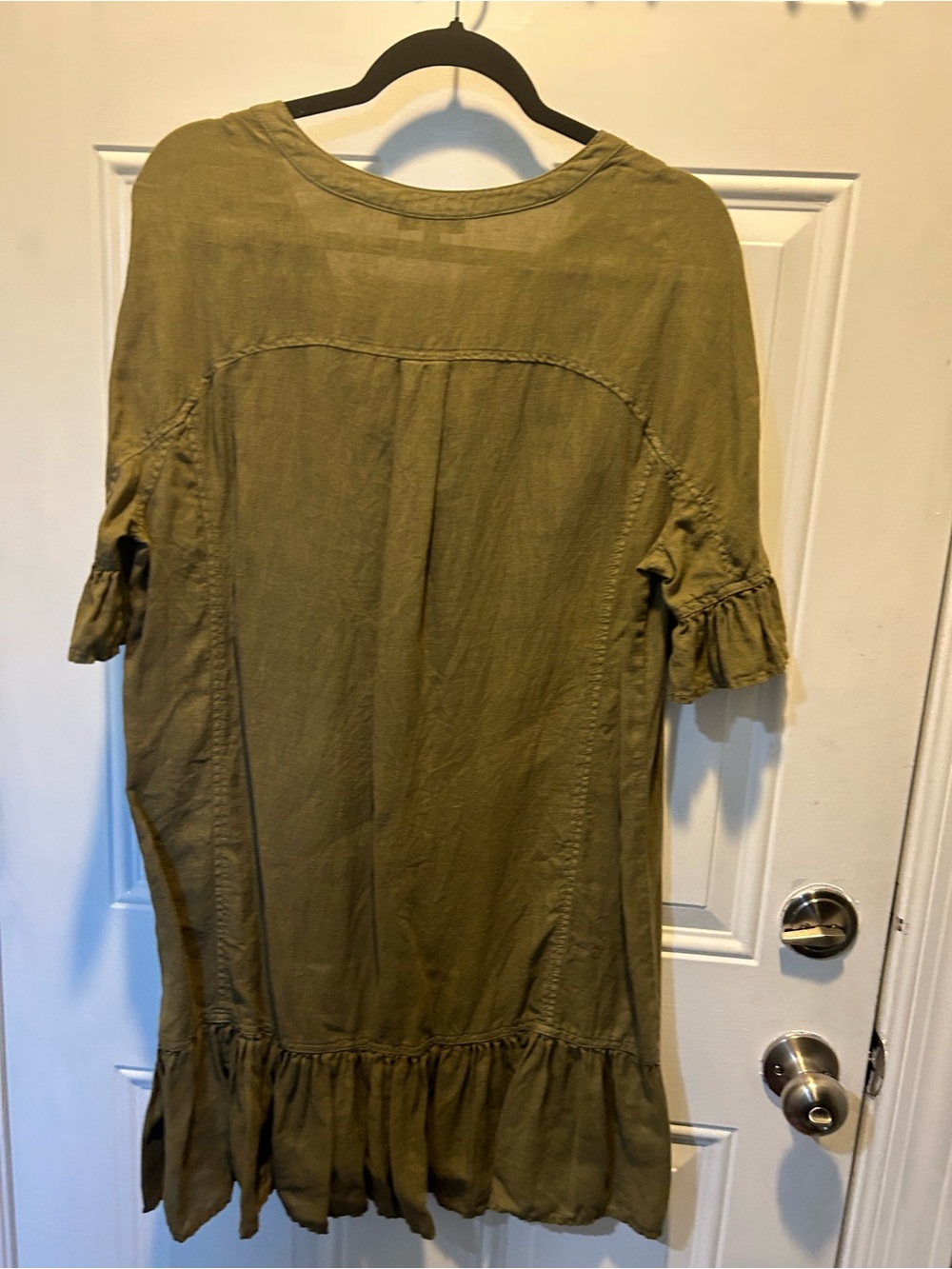 Joie Olive Green V-Neck Ruffle Sleeve Linen Dress - Picture 3 of 4